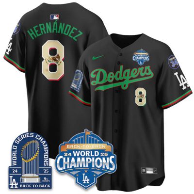 Men's Los Angeles Dodgers #8 Enrique Hernandez Black 2026 Mexico World Series Champions 9x Champs With No. 34 Patch Stitched Baseball Jersey