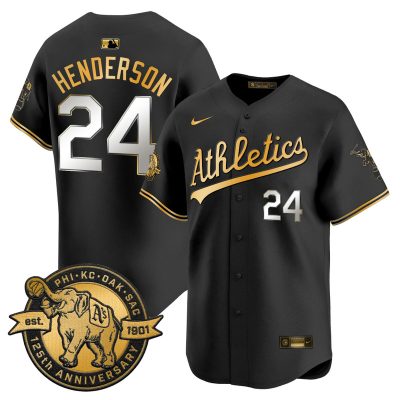 Men's Oakland Athletics 125th Anniversary Patch Vapor Premier Stitched Jersey -  Black Gold / Rickey Henderson