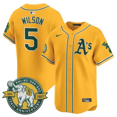 Men's Oakland Athletics 125th Anniversary Patch Vapor Premier Stitched Jersey -  Gold / Jacob Wilson