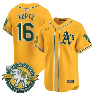 Men's Oakland Athletics 125th Anniversary Patch Vapor Premier Stitched Jersey -  Gold / Nick Kurtz
