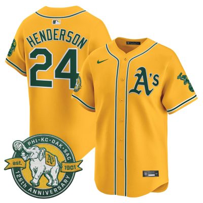 Men's Oakland Athletics 125th Anniversary Patch Vapor Premier Stitched Jersey -  Gold / Rickey Henderson