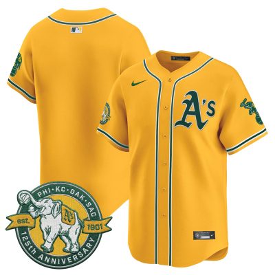 Men's Oakland Athletics 125th Anniversary Patch Vapor Premier Stitched Jersey -  Gold / Team