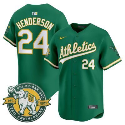 Men's Oakland Athletics 125th Anniversary Patch Vapor Premier Stitched Jersey -  Green / Rickey Henderson