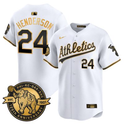 Men's Oakland Athletics 125th Anniversary Patch Vapor Premier Stitched Jersey -  White Gold / Rickey Henderson
