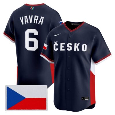 Men's Team Czechia 2026 World Baseball Classic Vapor Premier Stitched Jersey - Navy / Terrin Vavra