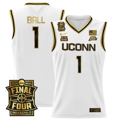 Men's UConn Huskies 2026 Final Four Patch Basketball Stitched Jersey - White Gold / Solo Ball