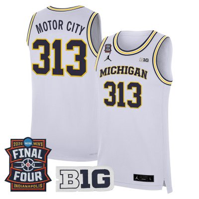 Men's Michigan Wolverines 2026 Final Four Patch Basketball Stitched Jersey - White / Motor City 313