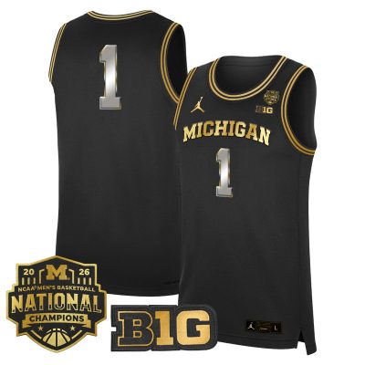 Men's Michigan Wolverines 2026 National Champions Patch Basketball Stitched Jersey - Black Gold / #1 Team