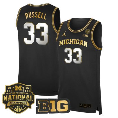 Men's Michigan Wolverines 2026 National Champions Patch Basketball Stitched Jersey - Black Gold / Cazzie Russell