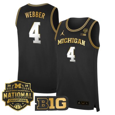 Men's Michigan Wolverines 2026 National Champions Patch Basketball Stitched Jersey - Black Gold / Chris Webber