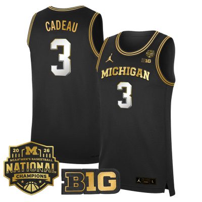 Men's Michigan Wolverines 2026 National Champions Patch Basketball Stitched Jersey - Black Gold / Elliot Cadeau