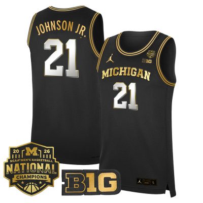 Men's Michigan Wolverines 2026 National Champions Patch Basketball Stitched Jersey - Black Gold / Morez Johnson Jr.