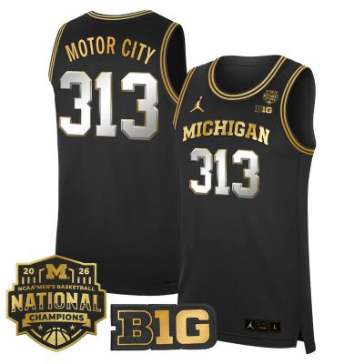 Men's Michigan Wolverines 2026 National Champions Patch Basketball Stitched Jersey - Black Gold / Motor City 313