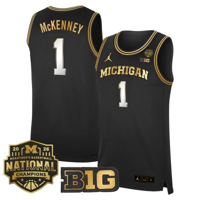 Men's Michigan Wolverines 2026 National Champions Patch Basketball Stitched Jersey - Black Gold / Trey McKenney