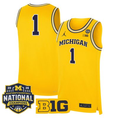 Men's Michigan Wolverines 2026 National Champions Patch Basketball Stitched Jersey - Maize / #1 Team