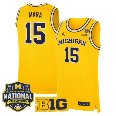 Men's Michigan Wolverines 2026 National Champions Patch Basketball Stitched Jersey - Maize / Aday Mara
