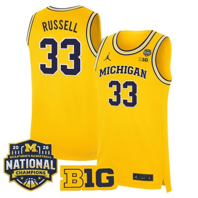 Men's Michigan Wolverines 2026 National Champions Patch Basketball Stitched Jersey - Maize / Cazzie Russell