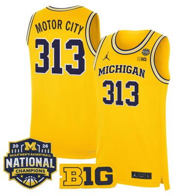 Men's Michigan Wolverines 2026 National Champions Patch Basketball Stitched Jersey - Maize / Motor City 313