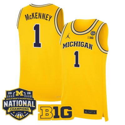 Men's Michigan Wolverines 2026 National Champions Patch Basketball Stitched Jersey - Maize / Trey McKenney