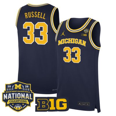 Men's Michigan Wolverines 2026 National Champions Patch Basketball Stitched Jersey - Navy / Cazzie Russell