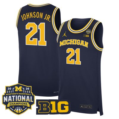 Men's Michigan Wolverines 2026 National Champions Patch Basketball Stitched Jersey - Navy / Morez Johnson Jr.