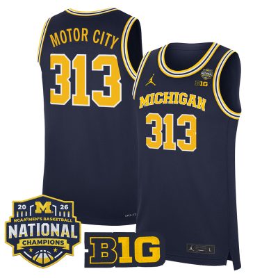 Men's Michigan Wolverines 2026 National Champions Patch Basketball Stitched Jersey - Navy / Motor City 313