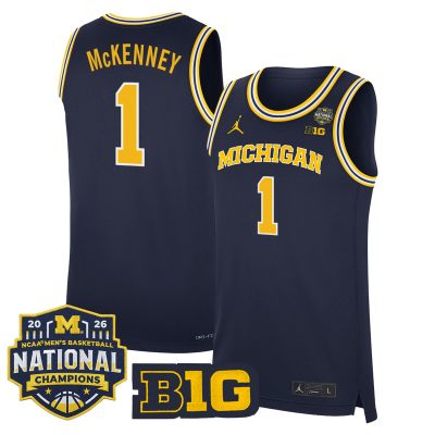 Men's Michigan Wolverines 2026 National Champions Patch Basketball Stitched Jersey - Navy / Trey McKenney
