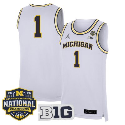 Men's Michigan Wolverines 2026 National Champions Patch Basketball Stitched Jersey - White / #1 Team