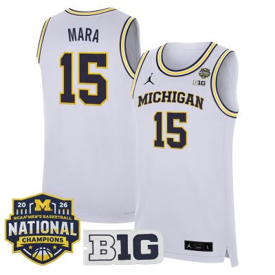 Men's Michigan Wolverines 2026 National Champions Patch Basketball Stitched Jersey - White / Aday Mara