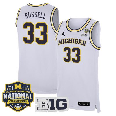 Men's Michigan Wolverines 2026 National Champions Patch Basketball Stitched Jersey - White / Cazzie Russell
