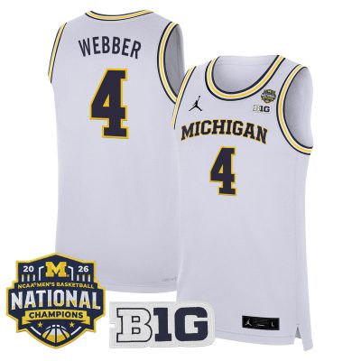 Men's Michigan Wolverines 2026 National Champions Patch Basketball Stitched Jersey - White / Chris Webber