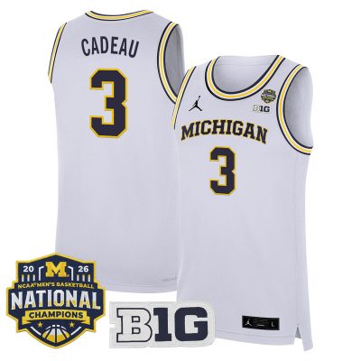 Men's Michigan Wolverines 2026 National Champions Patch Basketball Stitched Jersey - White / Elliot Cadeau