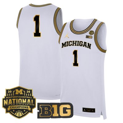 Men's Michigan Wolverines 2026 National Champions Patch Basketball Stitched Jersey - White Gold / #1 Team