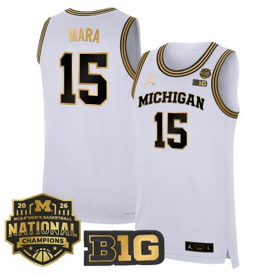 Men's Michigan Wolverines 2026 National Champions Patch Basketball Stitched Jersey - White Gold / Aday Mara