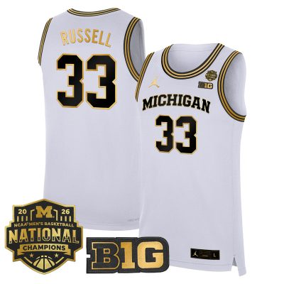 Men's Michigan Wolverines 2026 National Champions Patch Basketball Stitched Jersey - White Gold / Cazzie Russell