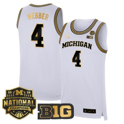 Men's Michigan Wolverines 2026 National Champions Patch Basketball Stitched Jersey - White Gold / Chris Webber