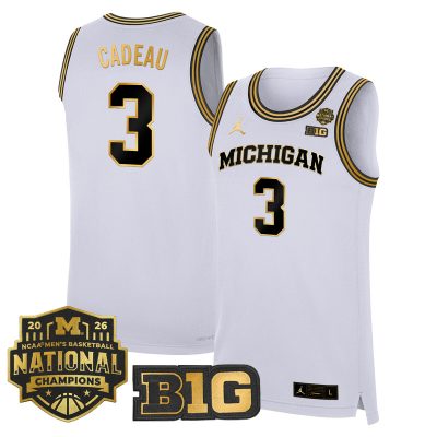 Men's Michigan Wolverines 2026 National Champions Patch Basketball Stitched Jersey - White Gold / Elliot Cadeau