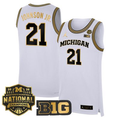 Men's Michigan Wolverines 2026 National Champions Patch Basketball Stitched Jersey - White Gold / Morez Johnson Jr.