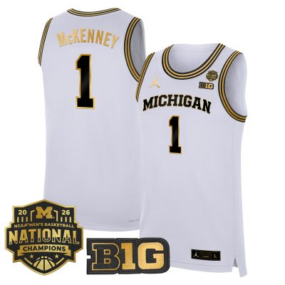 Men's Michigan Wolverines 2026 National Champions Patch Basketball Stitched Jersey - White Gold / Trey McKenney