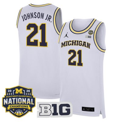 Men's Michigan Wolverines 2026 National Champions Patch Basketball Stitched Jersey - White / Morez Johnson Jr.