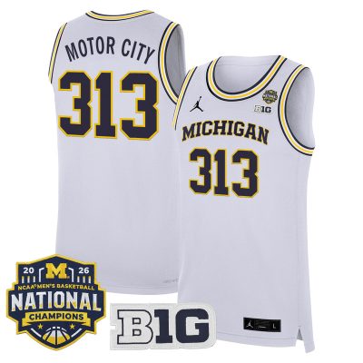 Men's Michigan Wolverines 2026 National Champions Patch Basketball Stitched Jersey - White / Motor City 313