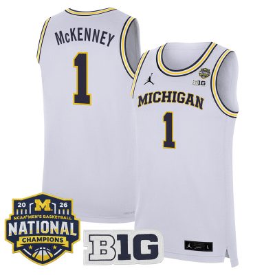 Men's Michigan Wolverines 2026 National Champions Patch Basketball Stitched Jersey - White / Trey McKenney