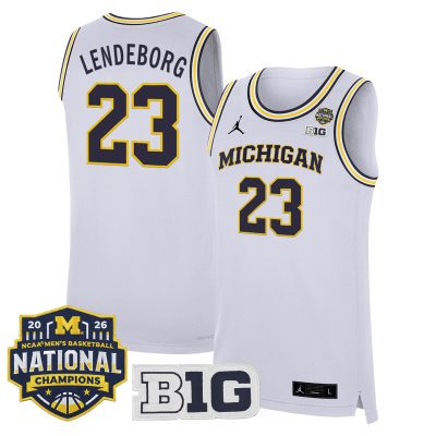 Men's Michigan Wolverines 2026 National Champions Patch Basketball Stitched Jersey - White / Yaxel Lendeborg