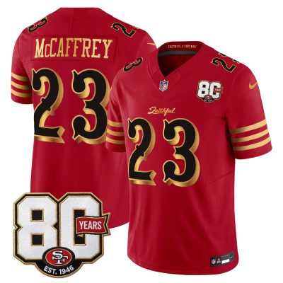 San Francisco 49ers 80th Anniversary Patch Vapor Limited Jersey - Rivalries Edition - Red Gold / Christian McCaffrey