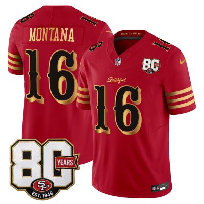 San Francisco 49ers 80th Anniversary Patch Vapor Limited Jersey - Rivalries Edition - Red Gold / Joe Montana