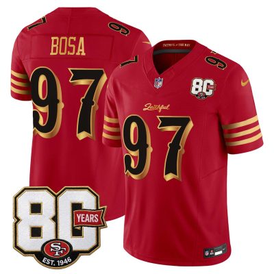 San Francisco 49ers 80th Anniversary Patch Vapor Limited Jersey - Rivalries Edition - Red Gold / Nick Bosa