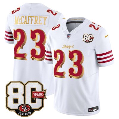 San Francisco 49ers 80th Anniversary Patch Vapor Limited Jersey - Rivalries Edition - White Gold / Christian McCaffrey