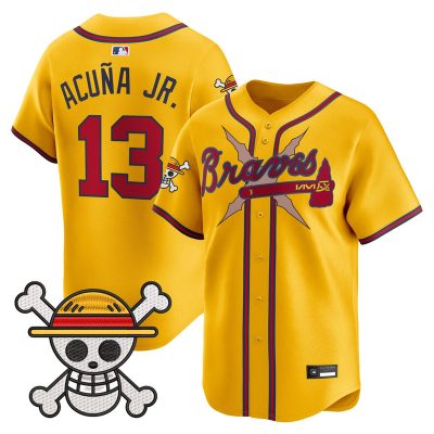 Men's Atlanta Braves x One Piece Vapor Premier Limited Jersey - Gold / Ronald Acuna Jr.