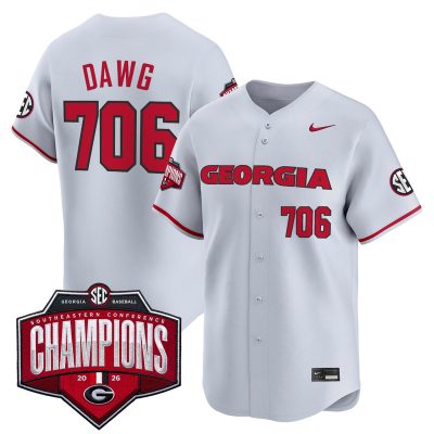 Men's Georgia Bulldogs Baseball Southeastern Confernce Champions 2026 Vapor Premier Limited Stitched Jersey - Gray / Dawg 706