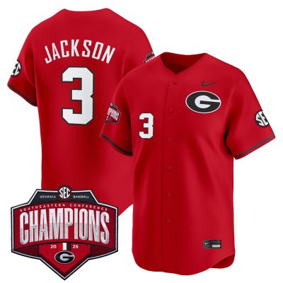 Men's Georgia Bulldogs Baseball Southeastern Confernce Champions 2026 Vapor Premier Limited Stitched Jersey - Red / Daniel Jackson